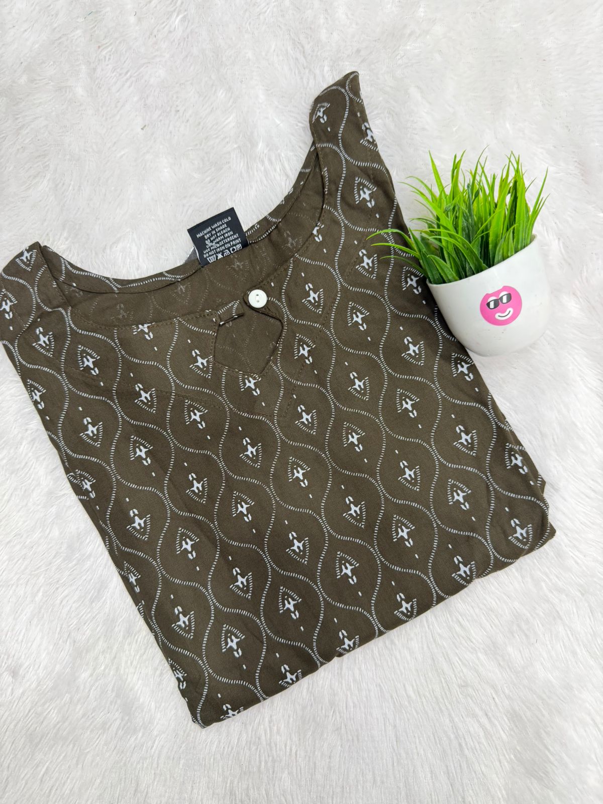 Daily Wear Olive Green Kurti with Brown Motif