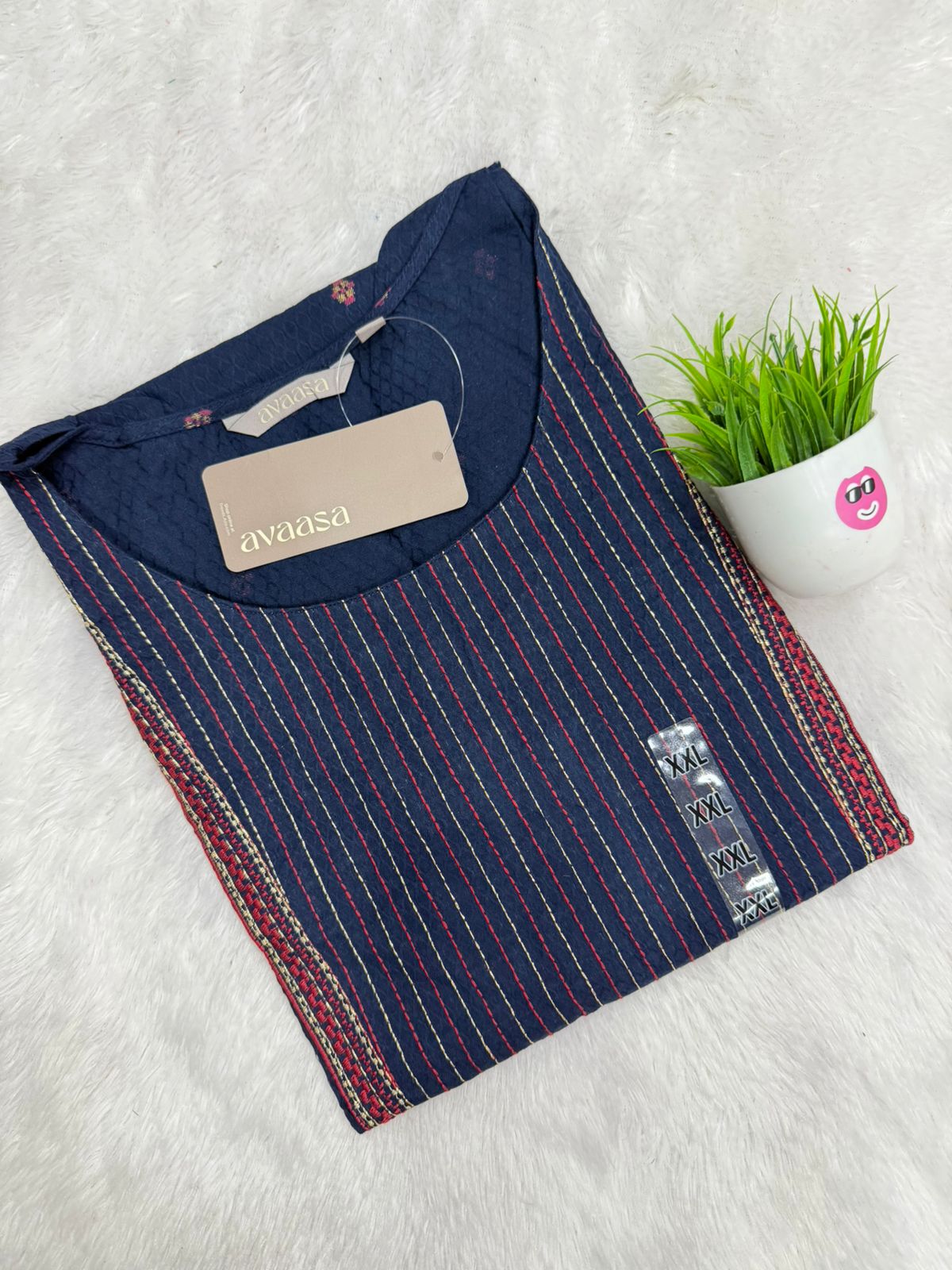 Navy Blue Kurti with White/Red Stripes