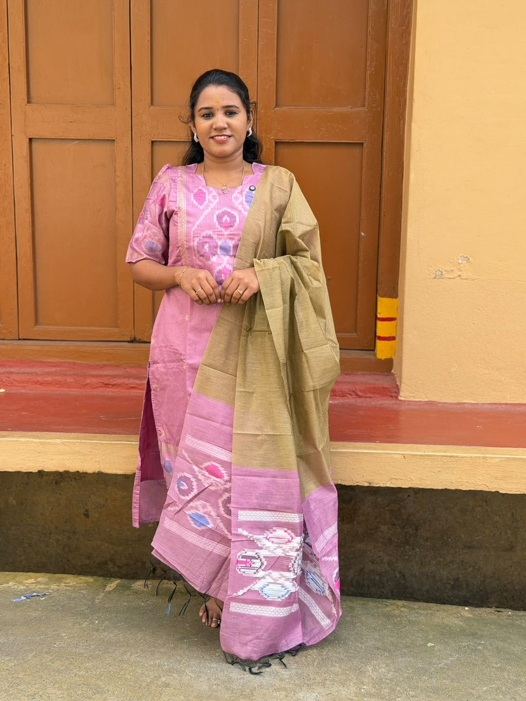 Pochampally silk Kurti Set  P002 Baby pink