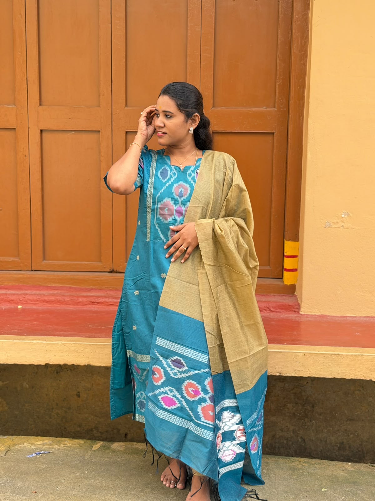 Pochampally silk Kurti Set P004 Sky blue