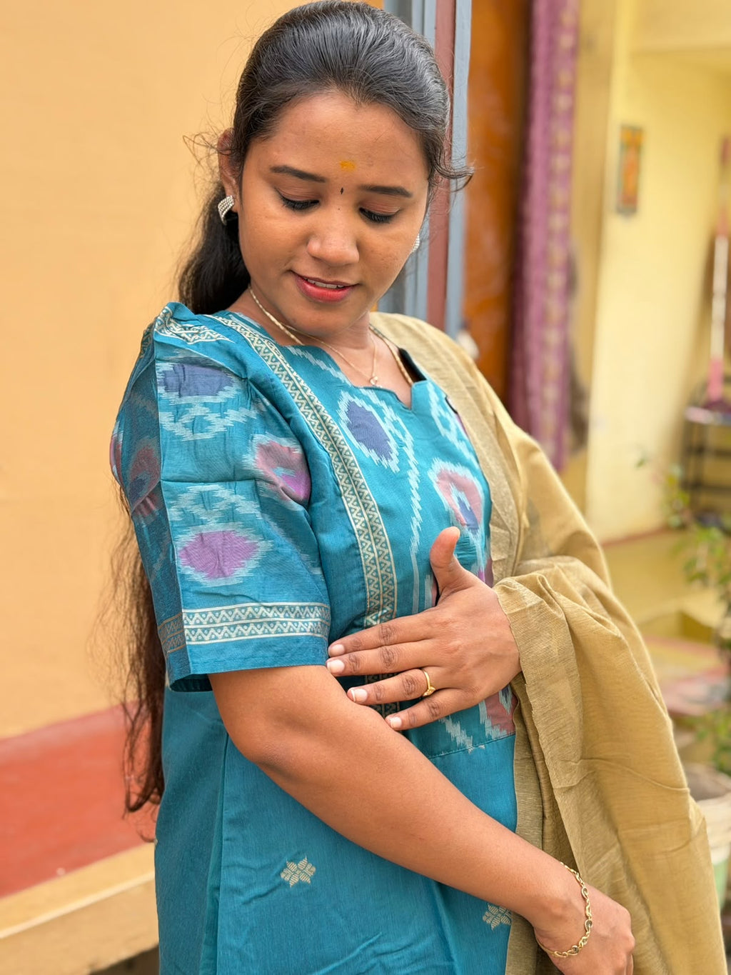 Pochampally silk Kurti Set P004 Sky blue